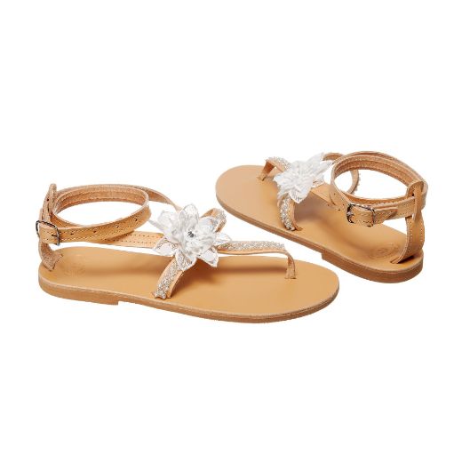 Handmade flat bridal sandals with floral detail and sparkling straps