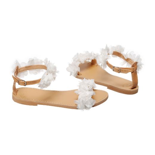 Handmade flat bridal sandals with white floral front and ankle details
