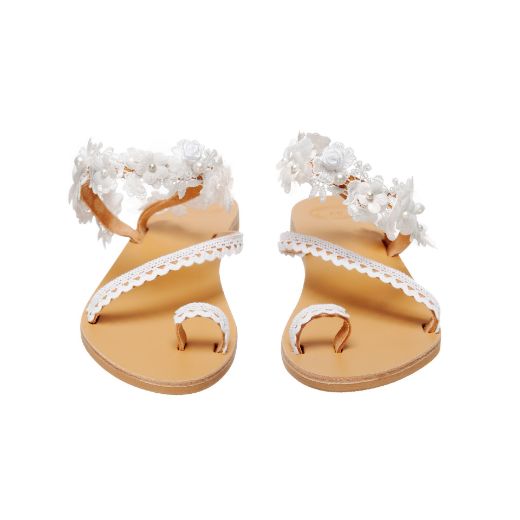 leather bridal sandals with white floral ankle embellishments