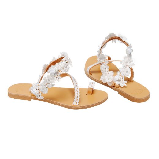 Handmade flat bridal sandals with white flowers and delicate front straps