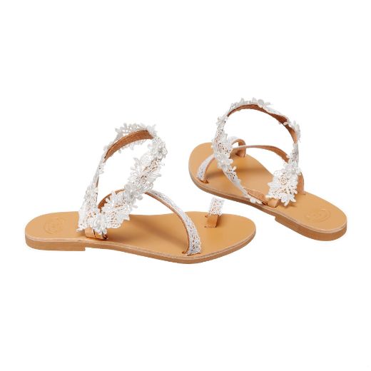 Handmade flat bridal sandals with white lace ankle detail