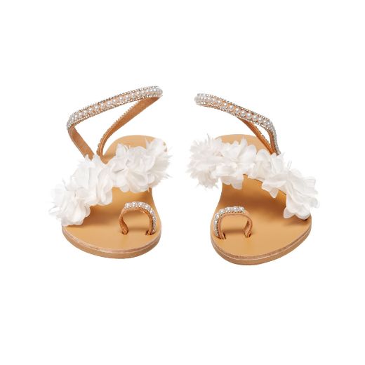 leather bridal sandals with white flowers and rhinestones