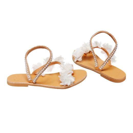 Handmade flat bridal sandals with white flowers and rhinestone straps