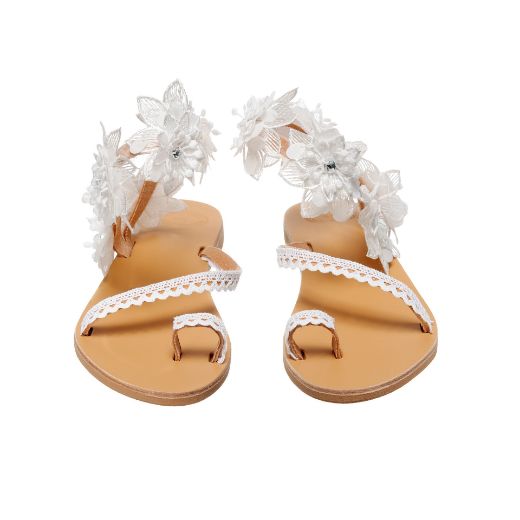leather bridal sandals with white floral ankle embellishments