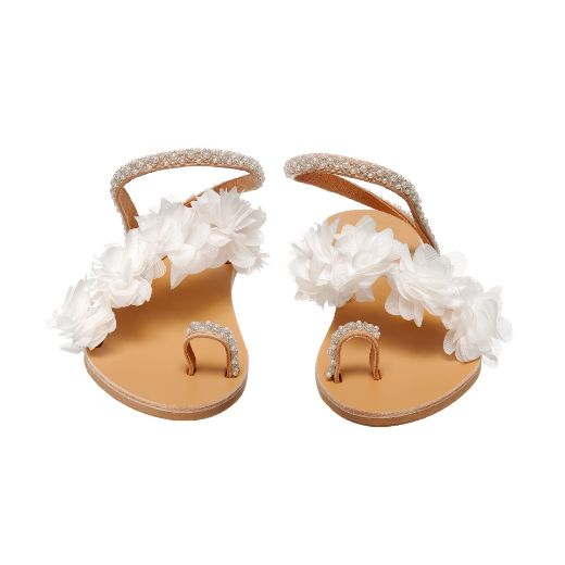 leather bridal sandals with white flowers and crystal straps