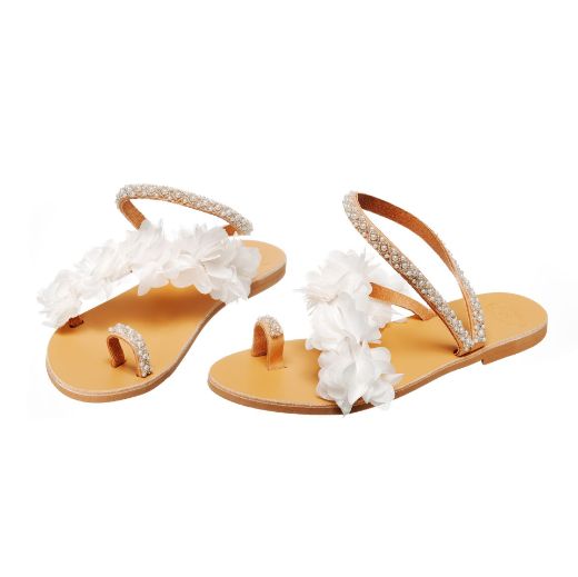 Handmade flat bridal sandals with floral embellishments and sparkling crystals