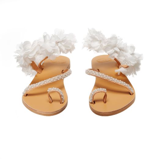 leather bridal sandals with white flowers and pearls