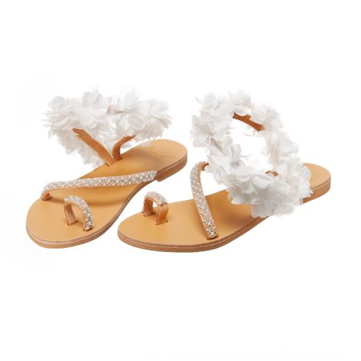 Handmade flat bridal sandals with floral ankle detail and pearl straps
