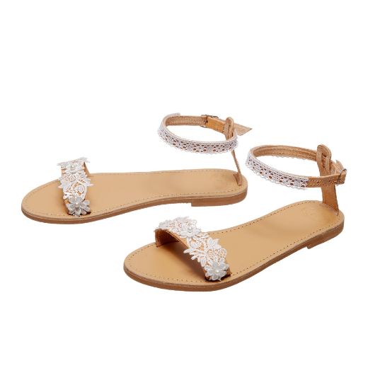 leather bridal sandals with white floral lace