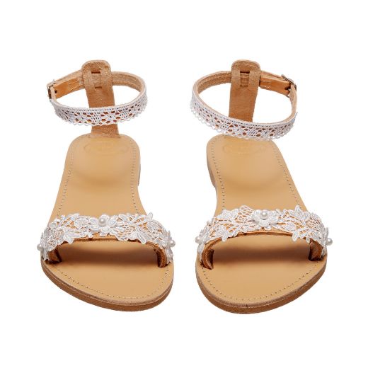 Handmade flat bridal sandals with white lace front and ankle straps