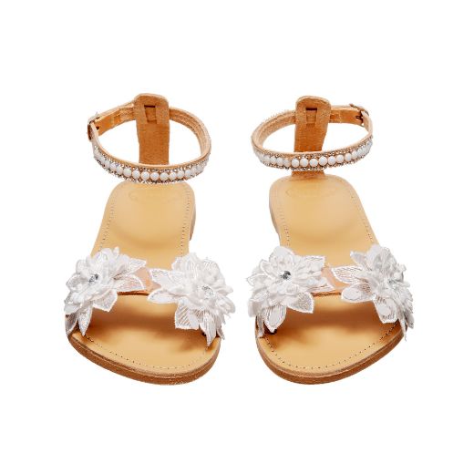 leather bridal sandals with white lace flowers and pearls