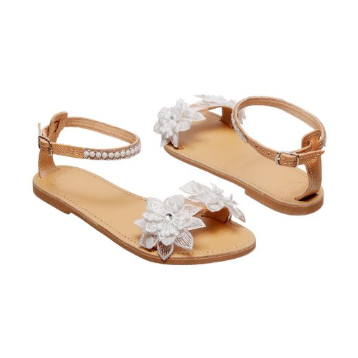 Handmade flat bridal sandals with floral details and pearl ankle strap