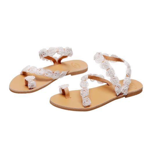 Handmade flat bridal sandals with white floral embellished straps