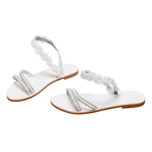 white bridal sandals with flowers and two pearl straps