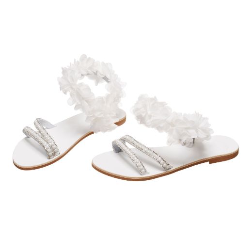 white bridal sandals with flowers and pearl straps