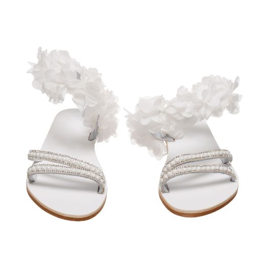 Handmade flat bridal sandals with floral ankle details and pearls