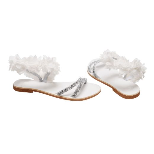 white bridal sandals with flowers and silver rhinestones