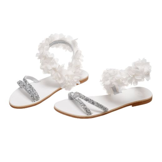Handmade flat bridal sandals with floral ankle details and rhinestones