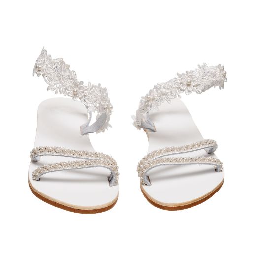 white bridal sandals with lace and pearl embellished straps