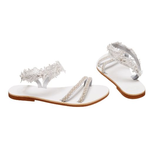 Handmade flat bridal sandals with white lace and delicate pearls