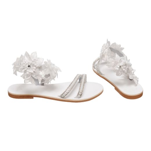 white bridal sandals with flowers and pearl straps