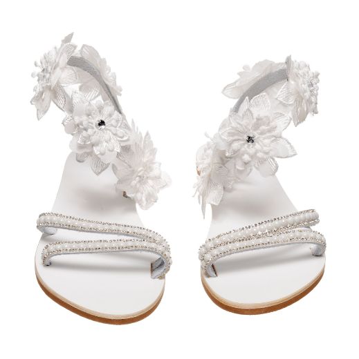 Handmade flat bridal sandals with floral ankle detail and pearls