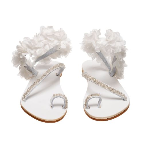 white bridal sandals with three-dimensional flowers