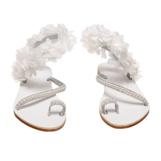 white bridal sandals with ankle flowers and crystal straps