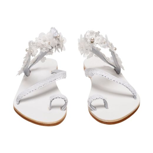 white bridal sandals with lace flowers and pearl details