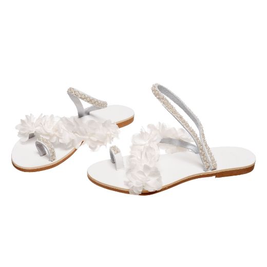 white bridal sandals with flowers and pearl ankle strap