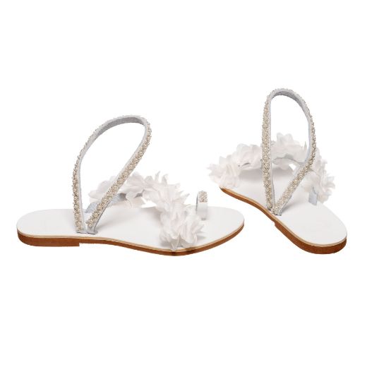 Handmade flat bridal sandals with white floral and pearl details