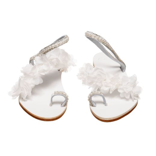 white bridal sandals with flowers and crystal straps