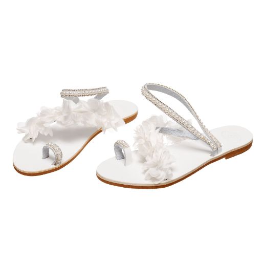 Handmade flat white bridal sandals with three-dimensional flowers and crystals