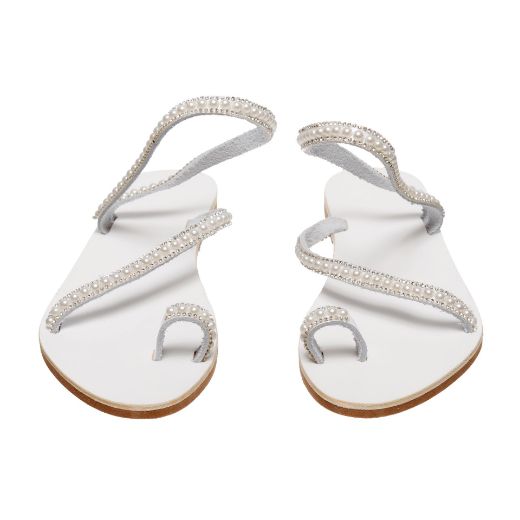 Handmade flat bridal sandals with delicate rhinestone straps