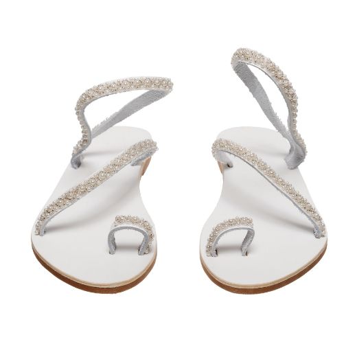 white bridal sandals with pearl embellished straps