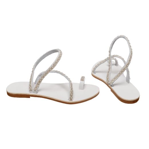 Handmade flat bridal sandals with elegant pearl details