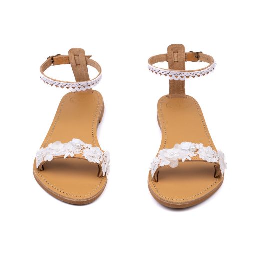 Handmade flat bridal sandals with white floral front strap