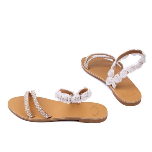 leather bridal sandals with white flowers and pearls