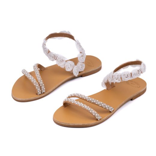 Handmade flat bridal sandals with floral ankle strap and pearl details
