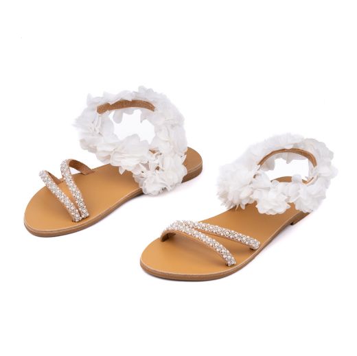 leather bridal sandals with white flowers and pearl straps