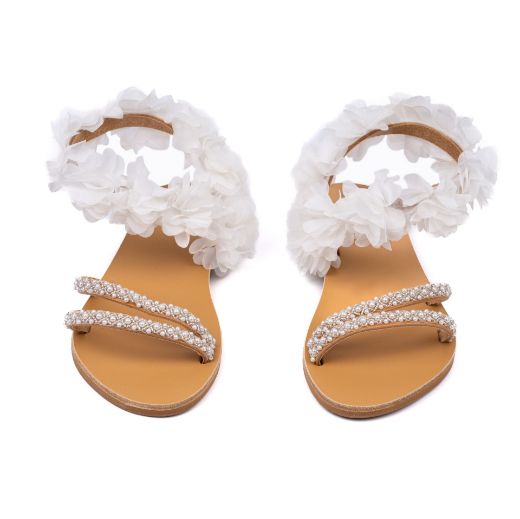 Handmade flat bridal sandals with floral ankle details and pearls