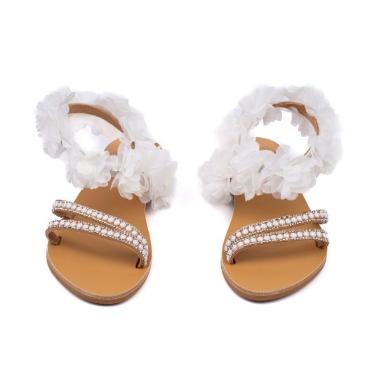 leather bridal sandals with white flowers and pearl straps