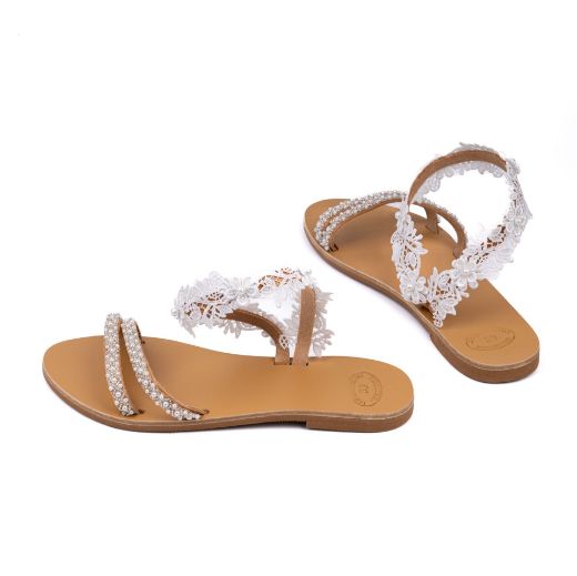 leather bridal sandals with white floral lace and pearls