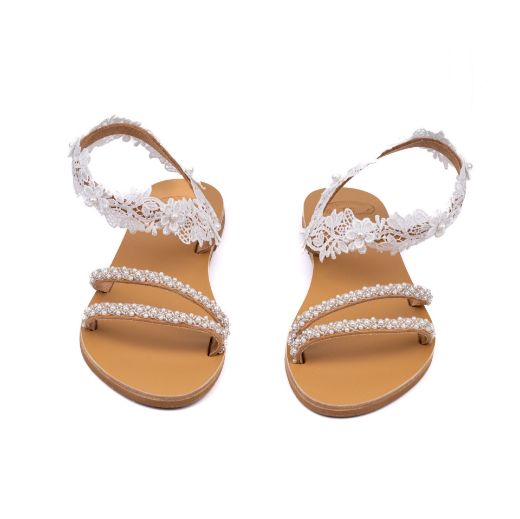 Handmade flat bridal sandals with lace ankle detail and pearl front straps