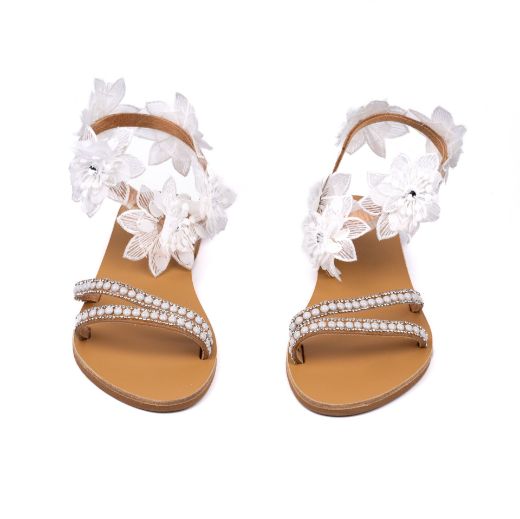 leather bridal sandals with white lace flowers and pearl straps