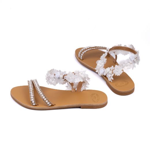 leather bridal sandals with white flowers and pearls