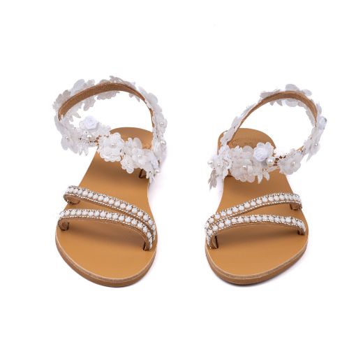 Handmade flat bridal sandals with floral and pearl ankle embellishments
