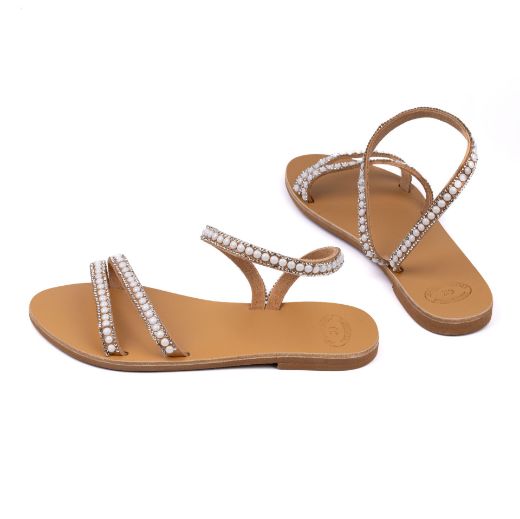 leather bridal sandals with white pearls and crystals