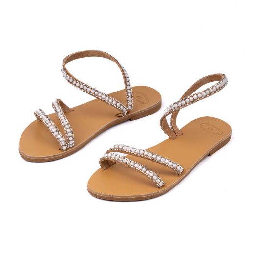 Handmade flat bridal sandals with pearl and crystal embellished straps