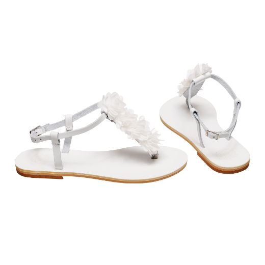 Handmade flat white bridal sandals with floral central strap